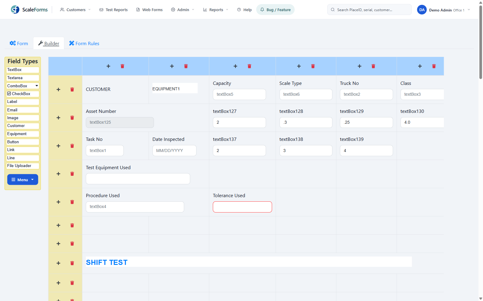 ScaleForms browser form builder editing a state scale test report template with tolerance equations