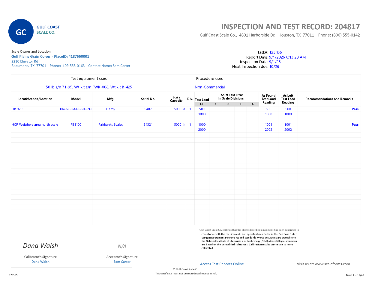 Scale inspection and test record PDF available for download in the ScaleForms customer portal