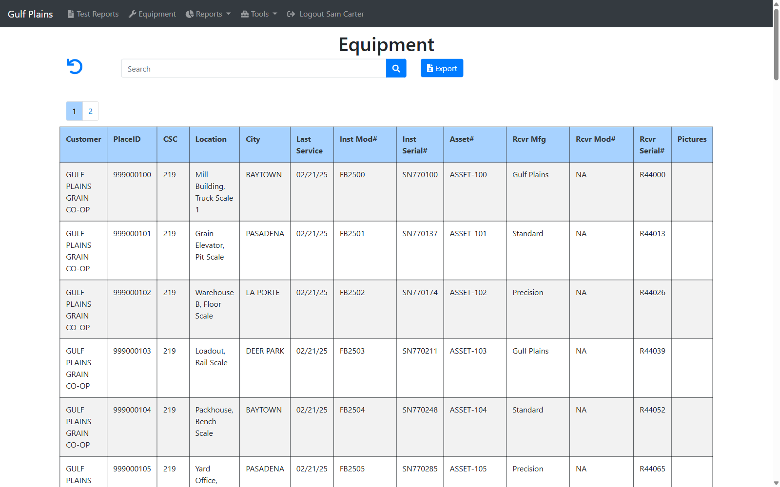 ScaleForms customer portal with scale equipment list and calibration report history