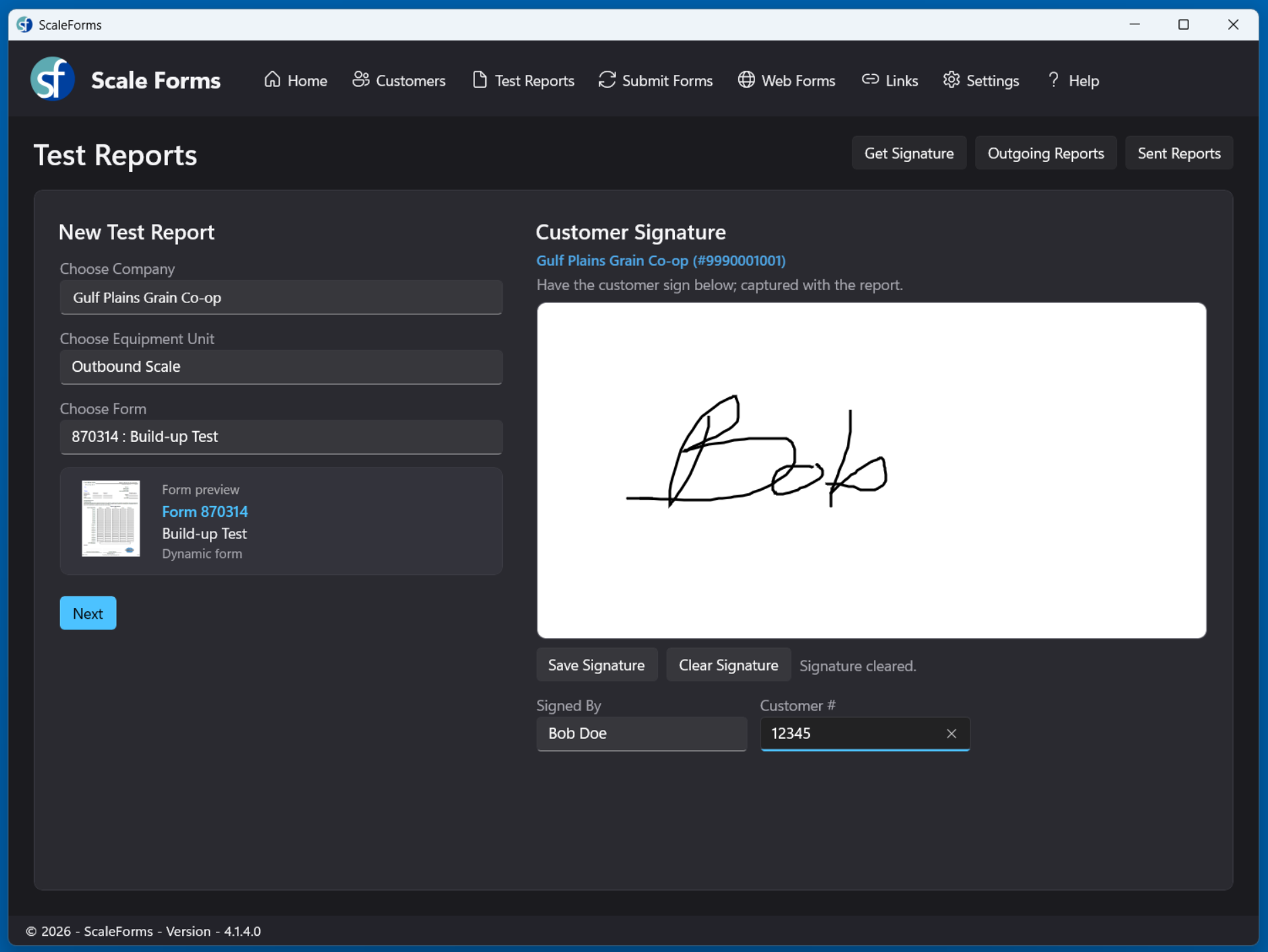 SFMobile field app capturing a customer signature on a digital scale test report