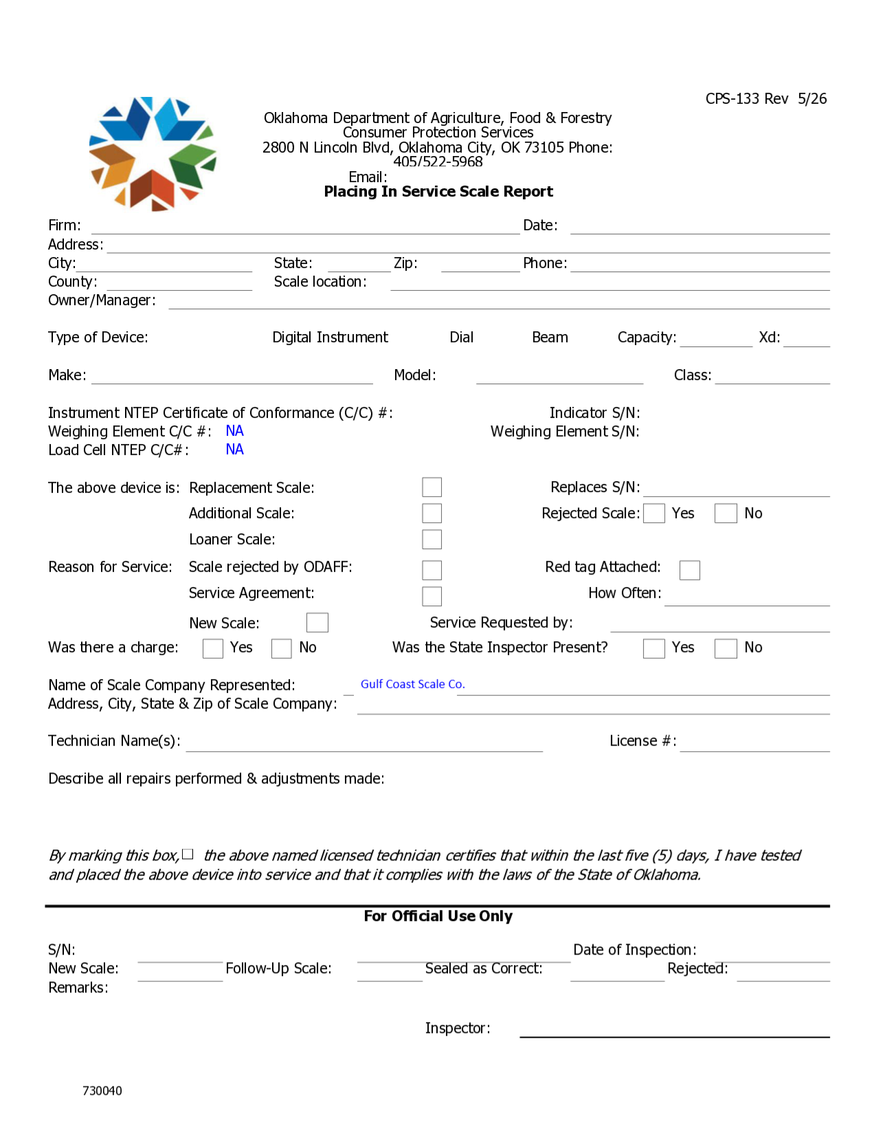 Oklahoma CPS-133 placing in service scale report form in ScaleForms